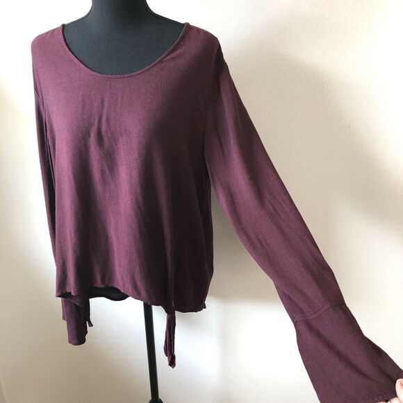Cloth & Stone Anthropologie Shirt Medium Knot Front Tunic Split Sleeve Burgundy - Picture 2 of 13